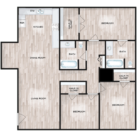 Floor plan for 3 beds, 2 baths, 1350 sqft